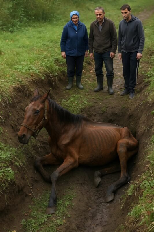 We saw an exhausted horse lying in a ditch unable to get out